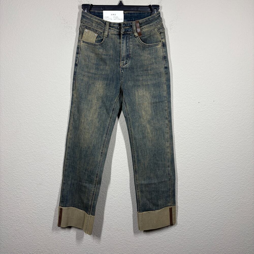 Womens Small Straight Leg Jeans Blue Washed Cuffed Ankle High Waisted Pockets